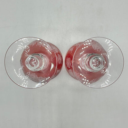 2 Vintage Bryce 688-1 Cranberry Glass Low Sherbets Etched Grapes & Vines /cb