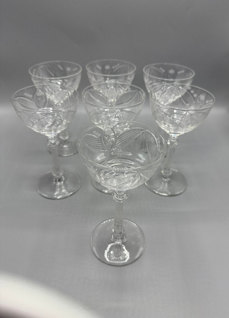 Libbey Rock Sharpe Crystal Etched Floral Champagne Glasses/Tall Sherbet set of 7 /rw