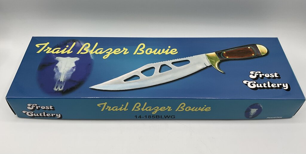 Frost Cutlery Trail Blazer Bowie Knife 15” Overall Length 10” Blade w/ Leather Sheath & Box 14-185BLWG /s