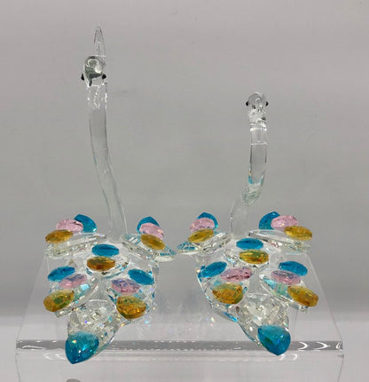Pair of Sparkling Crystal Swans Figurines w/ Colored Feathers /b
