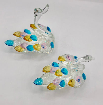 Pair of Sparkling Crystal Swans Figurines w/ Colored Feathers /b