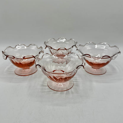 Set of 4 Vintage Pink Ruffled Footed Optic Sherbet/Dessert Bowls /cb