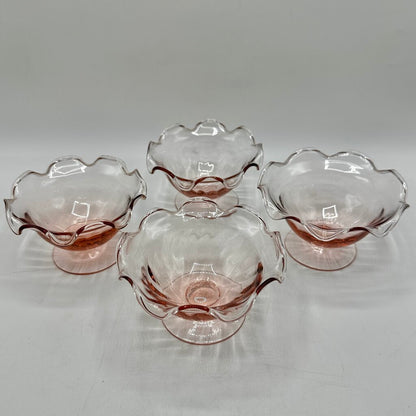 Set of 4 Vintage Pink Ruffled Footed Optic Sherbet/Dessert Bowls /cb