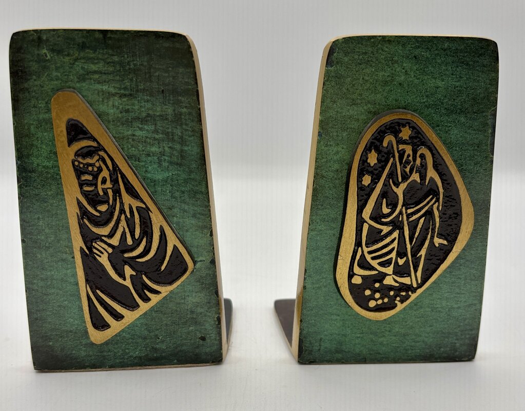 Dayagi Israel Green Burnished Enamel Brass Book Ends /j