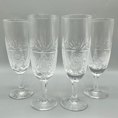 Set Of 4 Vintage Cut Crystal Short Stem Champagne Flutes 6 3/4” Fan, Crosshatch, Starburst /cb