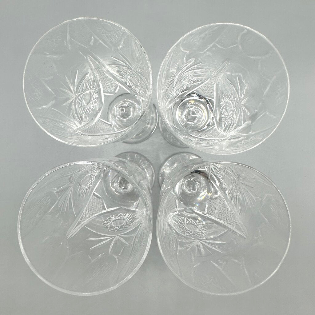 Set Of 4 Vintage Cut Crystal Short Stem Champagne Flutes 6 3/4” Fan, Crosshatch, Starburst /cb