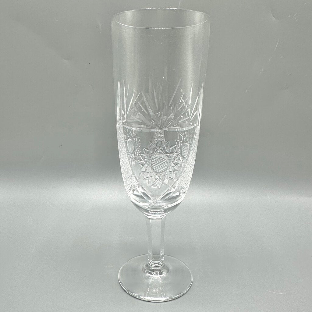 Set Of 4 Vintage Cut Crystal Short Stem Champagne Flutes 6 3/4” Fan, Crosshatch, Starburst /cb