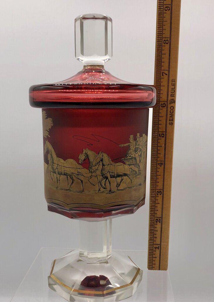 Impressive Heavy Gilded Bohemian Ruby Glass Pedestal Jar w/ Lid /b