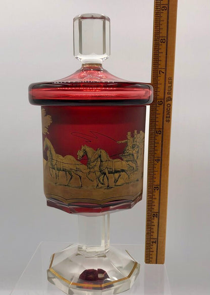 Impressive Heavy Gilded Bohemian Ruby Glass Pedestal Jar w/ Lid /b