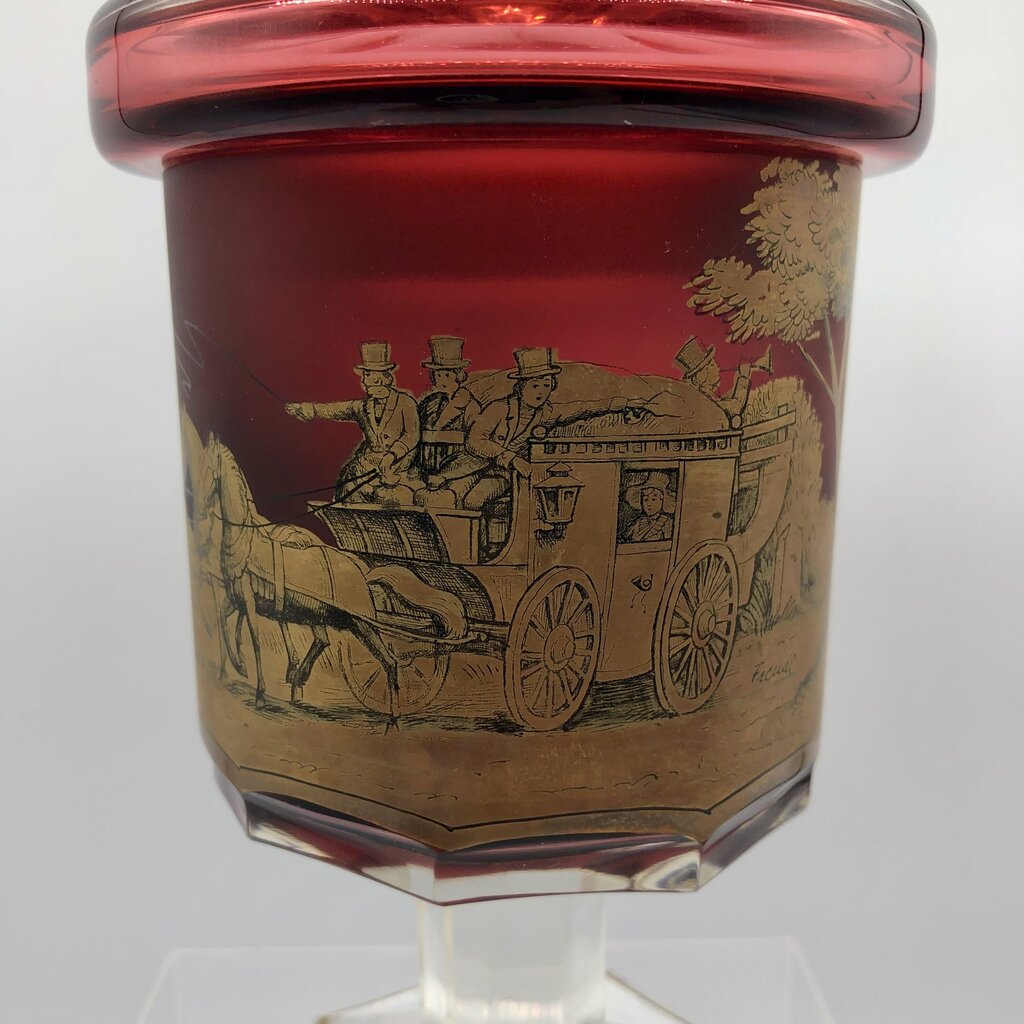 Impressive Heavy Gilded Bohemian Ruby Glass Pedestal Jar w/ Lid /b