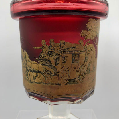 Impressive Heavy Gilded Bohemian Ruby Glass Pedestal Jar w/ Lid /b