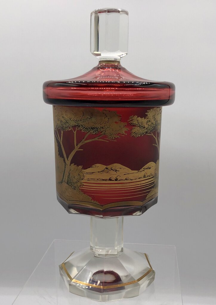 Impressive Heavy Gilded Bohemian Ruby Glass Pedestal Jar w/ Lid /b