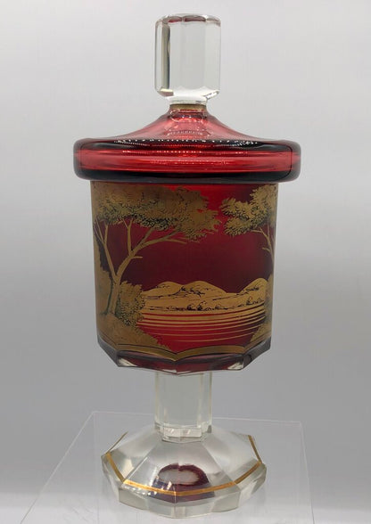 Impressive Heavy Gilded Bohemian Ruby Glass Pedestal Jar w/ Lid /b