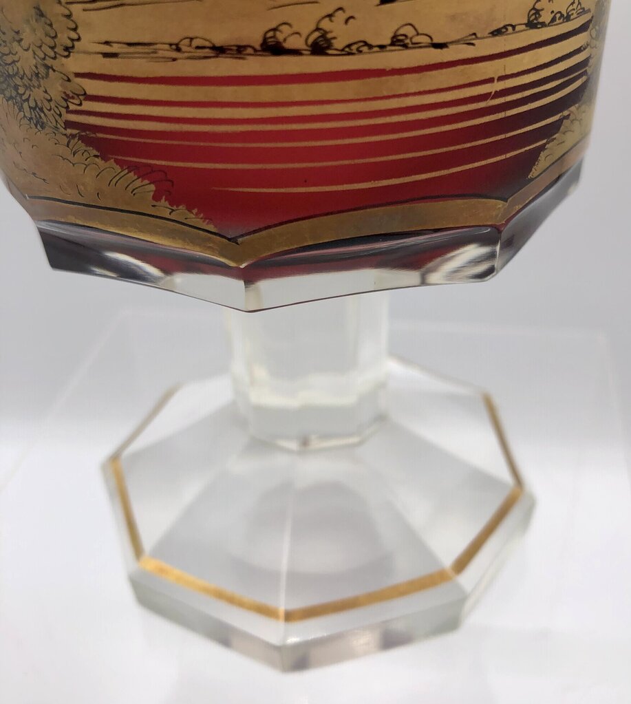 Impressive Heavy Gilded Bohemian Ruby Glass Pedestal Jar w/ Lid /b