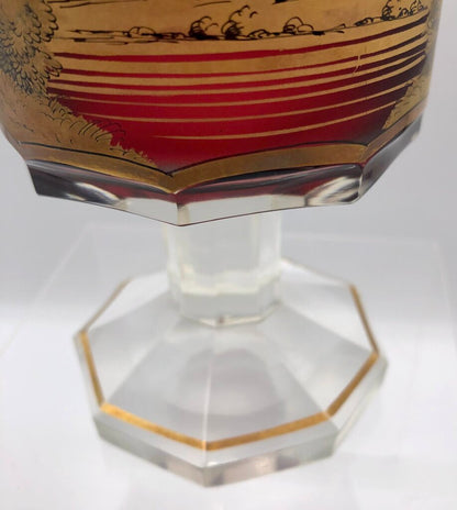 Impressive Heavy Gilded Bohemian Ruby Glass Pedestal Jar w/ Lid /b