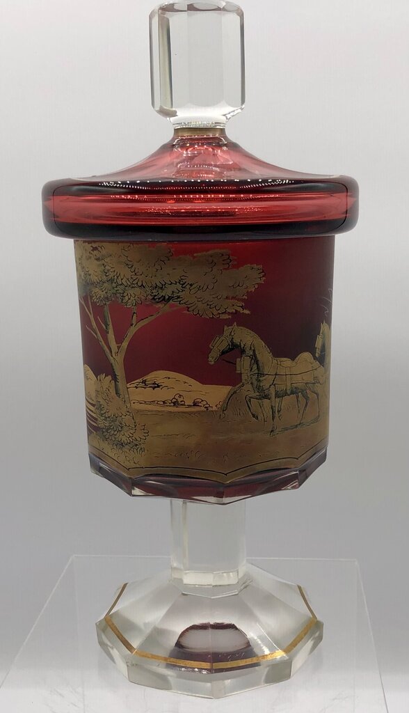 Impressive Heavy Gilded Bohemian Ruby Glass Pedestal Jar w/ Lid /b