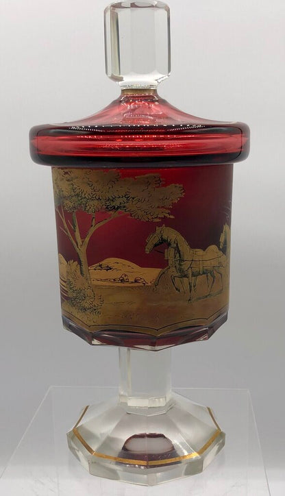Impressive Heavy Gilded Bohemian Ruby Glass Pedestal Jar w/ Lid /b