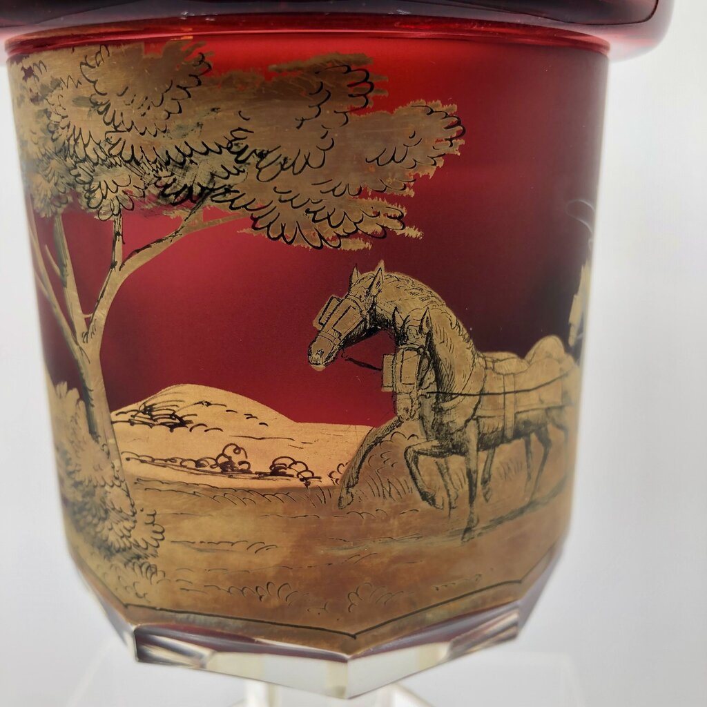 Impressive Heavy Gilded Bohemian Ruby Glass Pedestal Jar w/ Lid /b