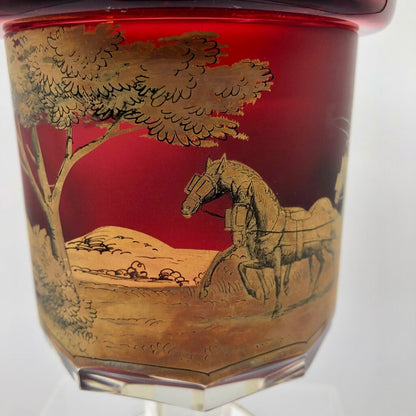 Impressive Heavy Gilded Bohemian Ruby Glass Pedestal Jar w/ Lid /b