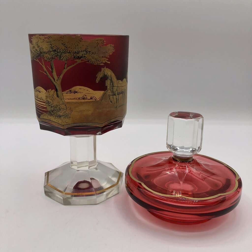 Impressive Heavy Gilded Bohemian Ruby Glass Pedestal Jar w/ Lid /b