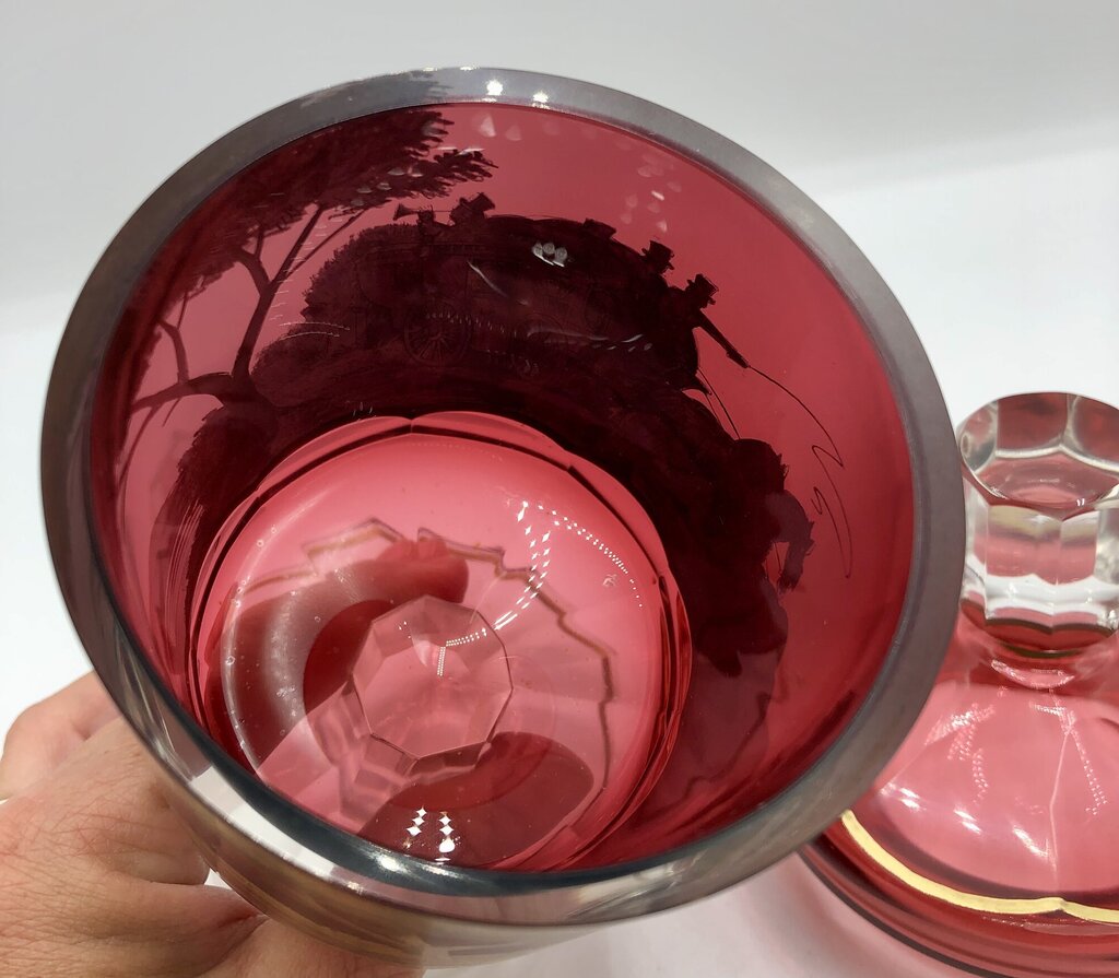 Impressive Heavy Gilded Bohemian Ruby Glass Pedestal Jar w/ Lid /b