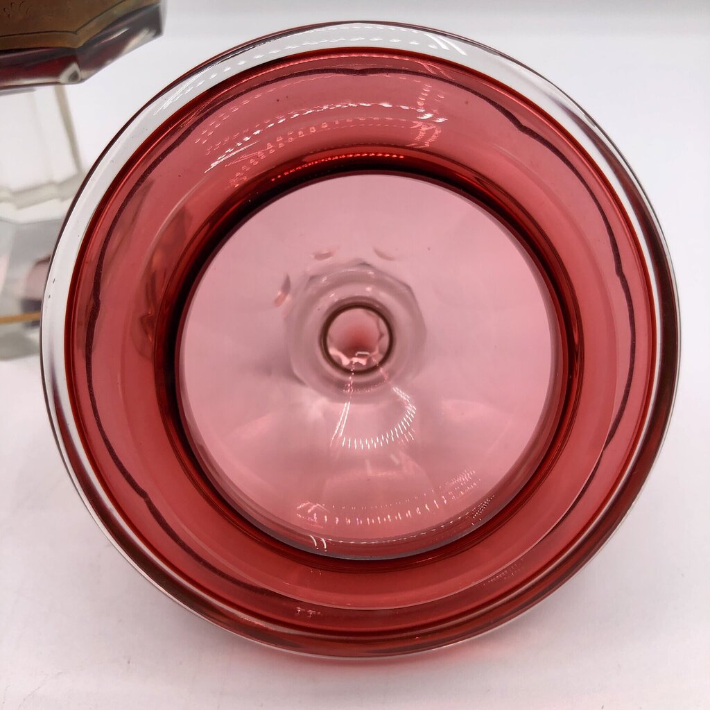 Impressive Heavy Gilded Bohemian Ruby Glass Pedestal Jar w/ Lid /b