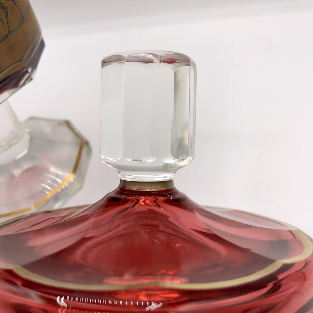 Impressive Heavy Gilded Bohemian Ruby Glass Pedestal Jar w/ Lid /b