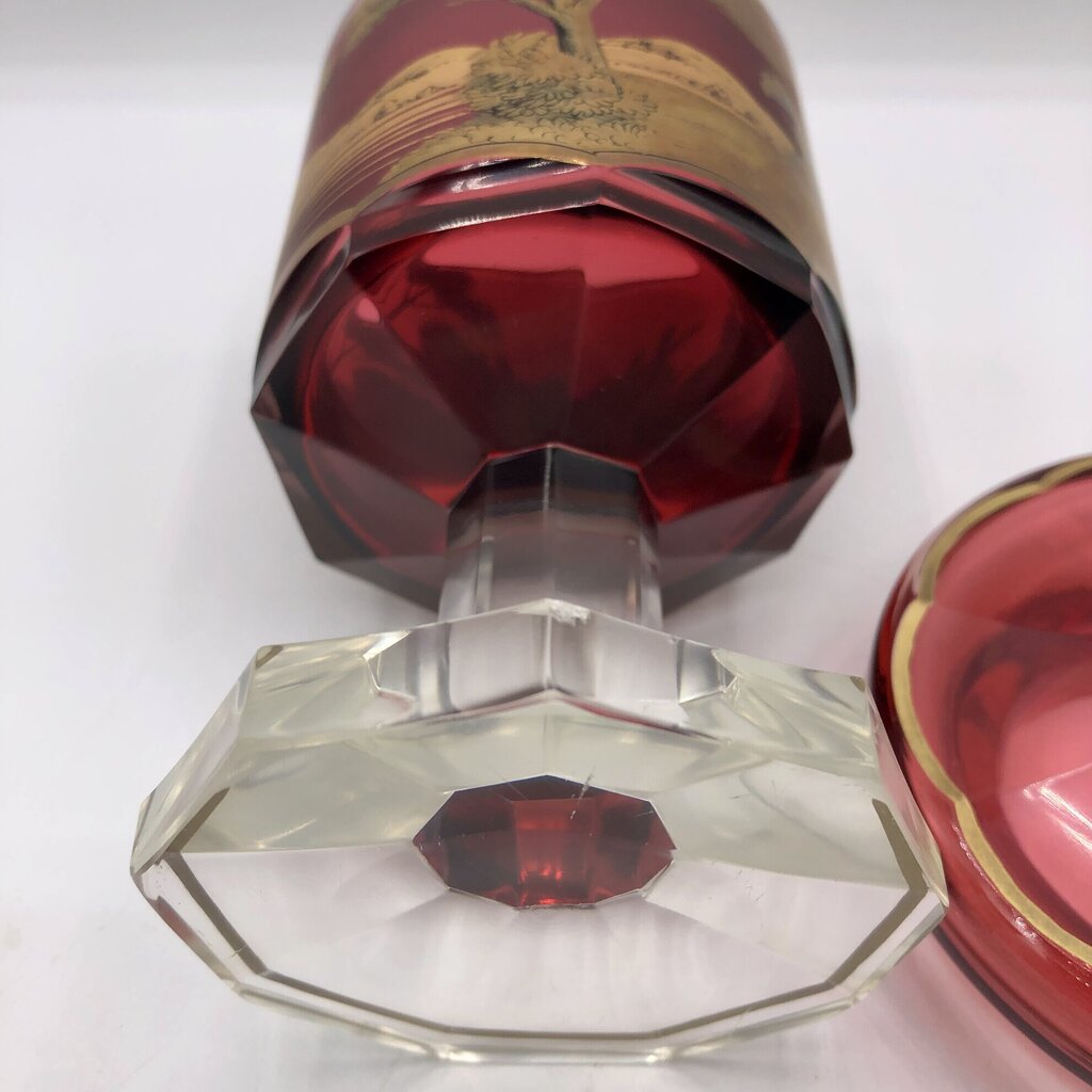 Impressive Heavy Gilded Bohemian Ruby Glass Pedestal Jar w/ Lid /b