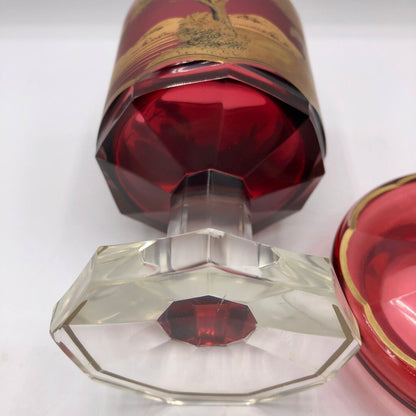 Impressive Heavy Gilded Bohemian Ruby Glass Pedestal Jar w/ Lid /b
