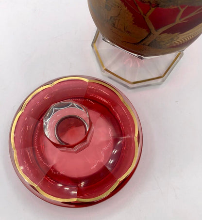 Impressive Heavy Gilded Bohemian Ruby Glass Pedestal Jar w/ Lid /b