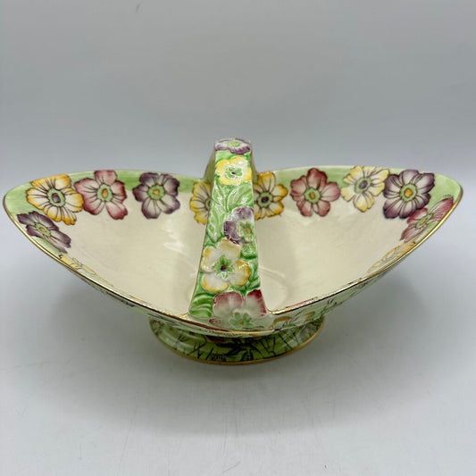 Vintage Royal Winton Grimwades Green Primrose Decorative Handled Ceramic Basket/Bowl /cb