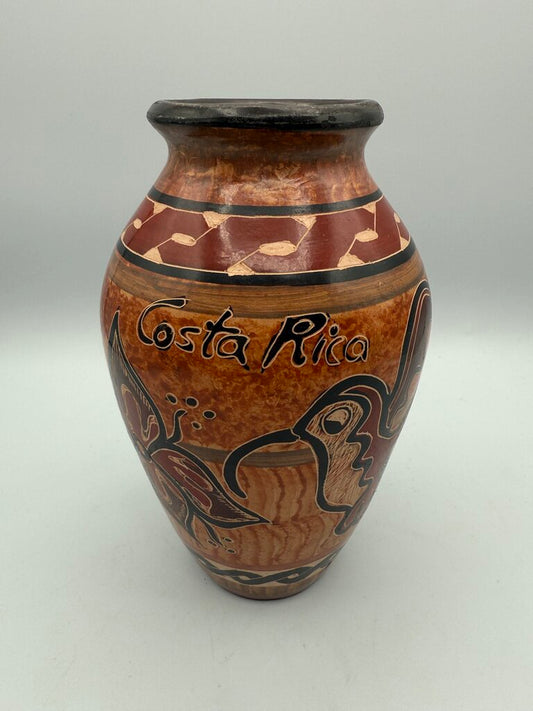 Handmade Folk Art Pottery Vase Costa Rica Signed Bird/Flower /roh