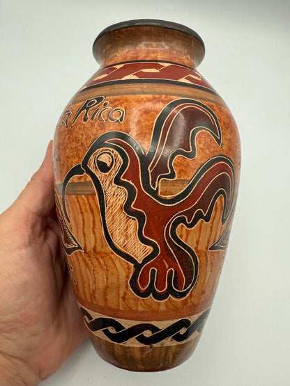 Handmade Folk Art Pottery Vase Costa Rica Signed Bird/Flower /roh