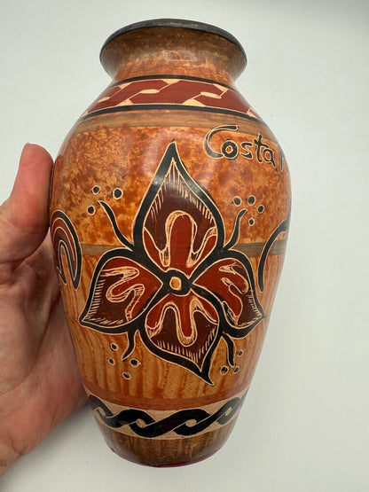 Handmade Folk Art Pottery Vase Costa Rica Signed Bird/Flower /roh