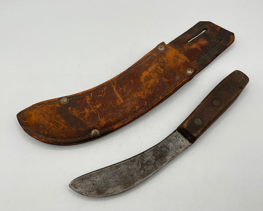 Vintage Curved Skinning Knife with Wooden Handle & Leather Sheath /s