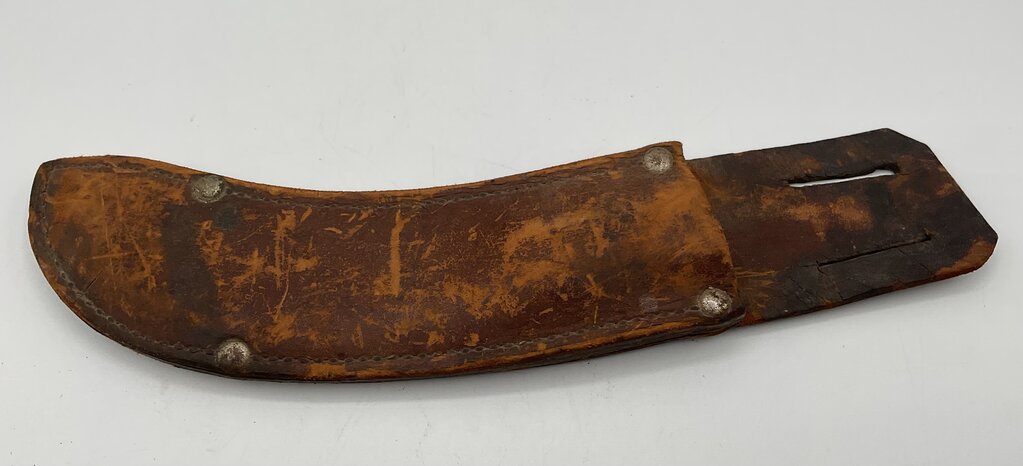 Vintage Curved Skinning Knife with Wooden Handle & Leather Sheath /s