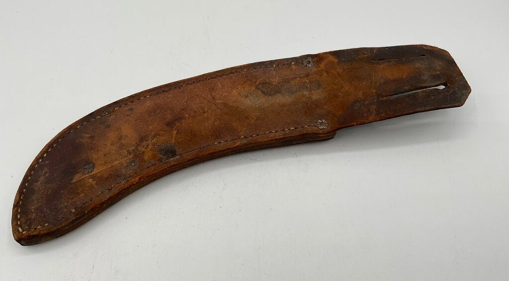 Vintage Curved Skinning Knife with Wooden Handle & Leather Sheath /s