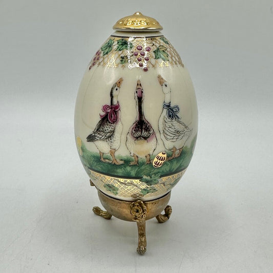 Vintage 1996 Lenox China Treasures Porcelain Goose Easter Egg With Brass Stand /cb