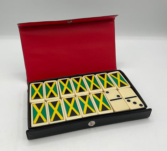 Vintage Promotional Links Industries 28pc Domino Set - Jamaican Flag Back - Printed in Jamaica - Double Six - Case Included /s
