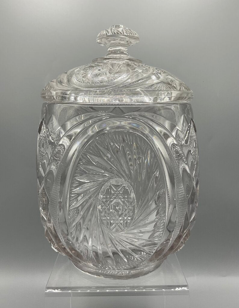 Vintage Early American Pressed Glass McKee Aztec Pattern Cookie Jar with Lid /s