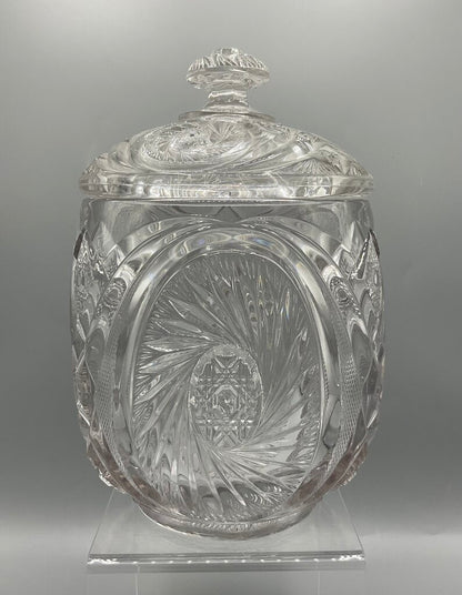 Vintage Early American Pressed Glass McKee Aztec Pattern Cookie Jar with Lid /s