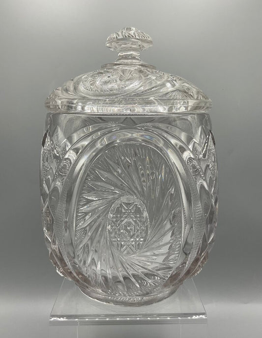 Vintage Early American Pressed Glass McKee Aztec Pattern Cookie Jar with Lid /s