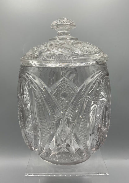 Vintage Early American Pressed Glass McKee Aztec Pattern Cookie Jar with Lid /s
