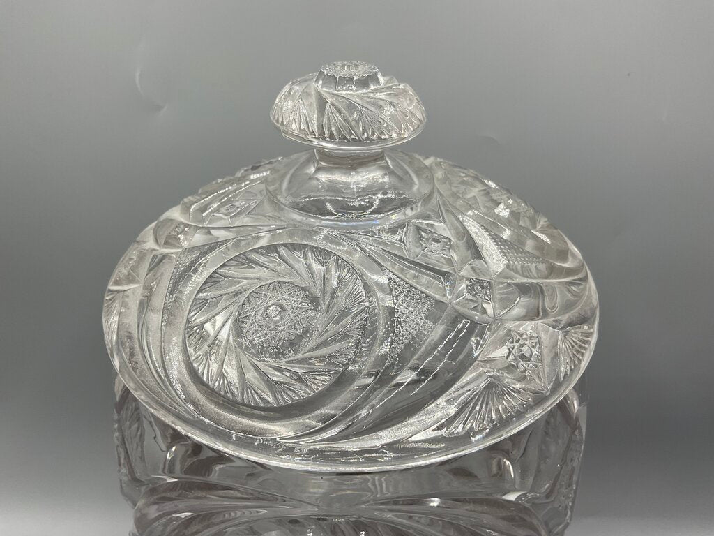 Vintage Early American Pressed Glass McKee Aztec Pattern Cookie Jar with Lid /s
