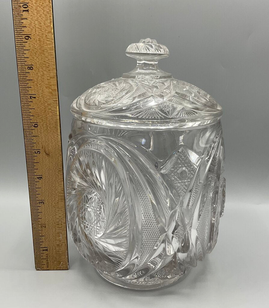 Vintage Early American Pressed Glass McKee Aztec Pattern Cookie Jar with Lid /s