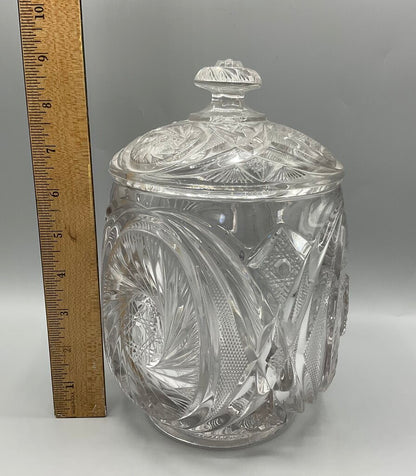 Vintage Early American Pressed Glass McKee Aztec Pattern Cookie Jar with Lid /s