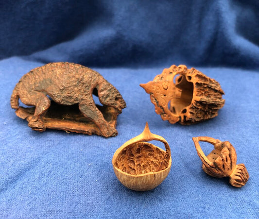 Lot of 4 Antique Carved Walnut/ Brazil/ Acorn Nut Shell Baskets & Figurine /b