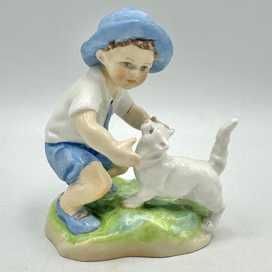 Vintage Royal Worcester Porcelain Figurine “September” Boy w/Cat #3457 Made In England /cb