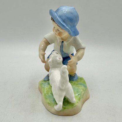 Vintage Royal Worcester Porcelain Figurine “September” Boy w/Cat #3457 Made In England /cb