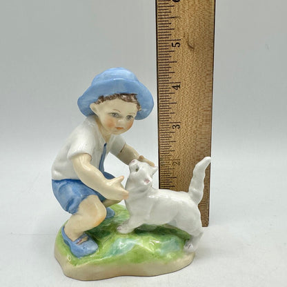 Vintage Royal Worcester Porcelain Figurine “September” Boy w/Cat #3457 Made In England /cb